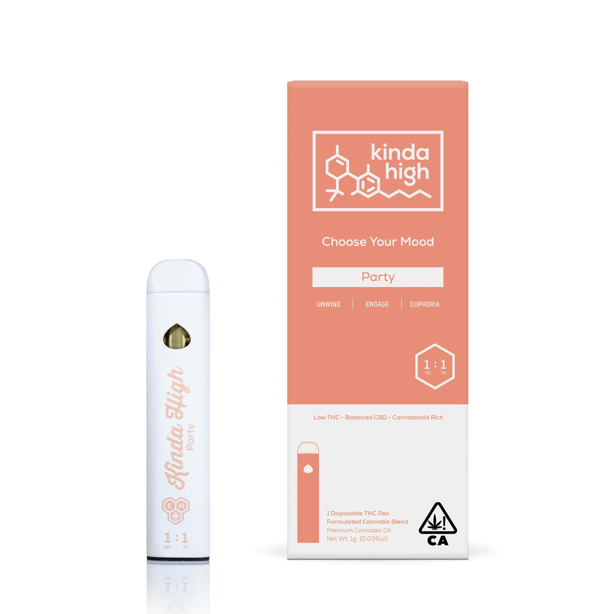 Kinda High Party 1:1 CBD/THC - 1 Gram Disposable Pen